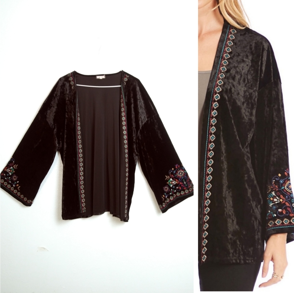 Embroidered Velvet Kimono Jacket - Black Women's Size L Embroidery
